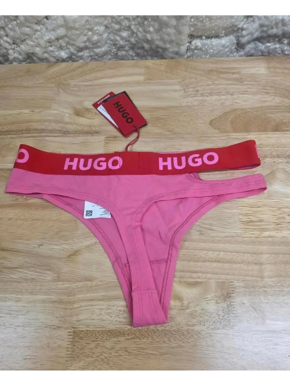 HUGO CUT‑OUT WAISTBAND COTTON THONG BRIGHT MAGENTA SIZE M